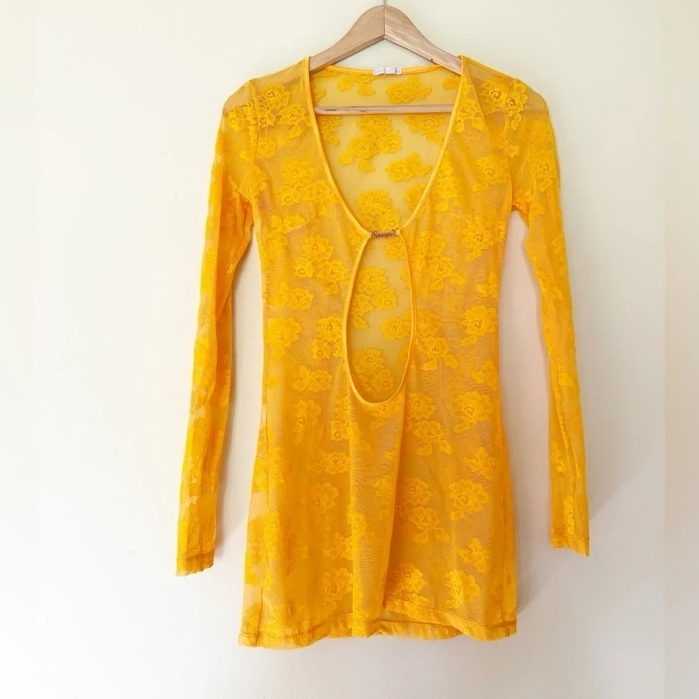 Savage x Fenty Strap Up Long-Sleeve Lace Slip Yellow Amber XS